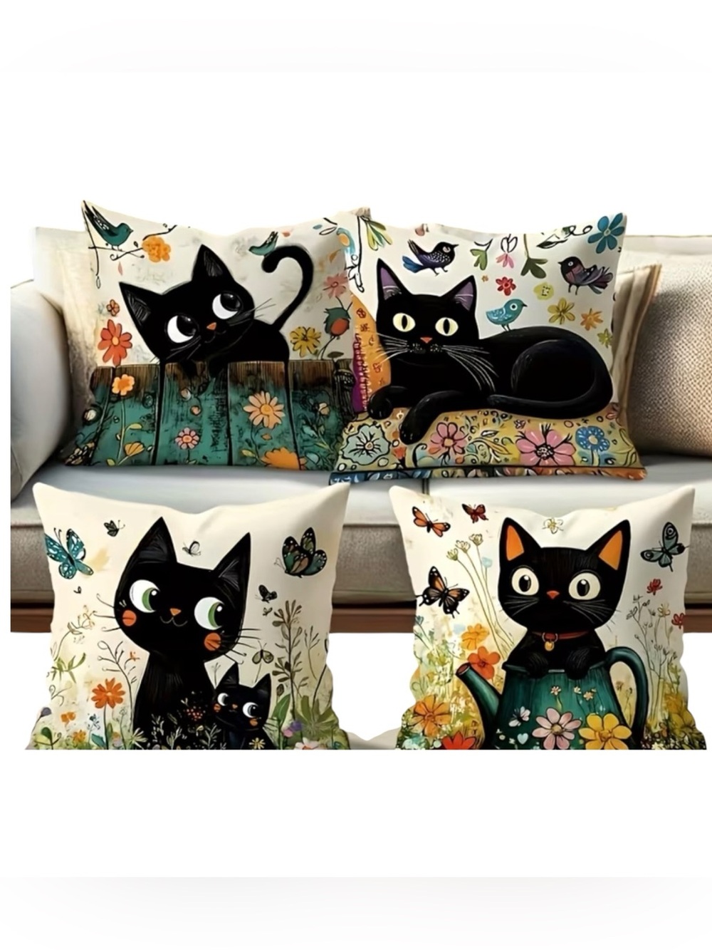 Whimsical Black Cat Pillow Covers 18x18 Set of 4 Floral Butterfly Birds